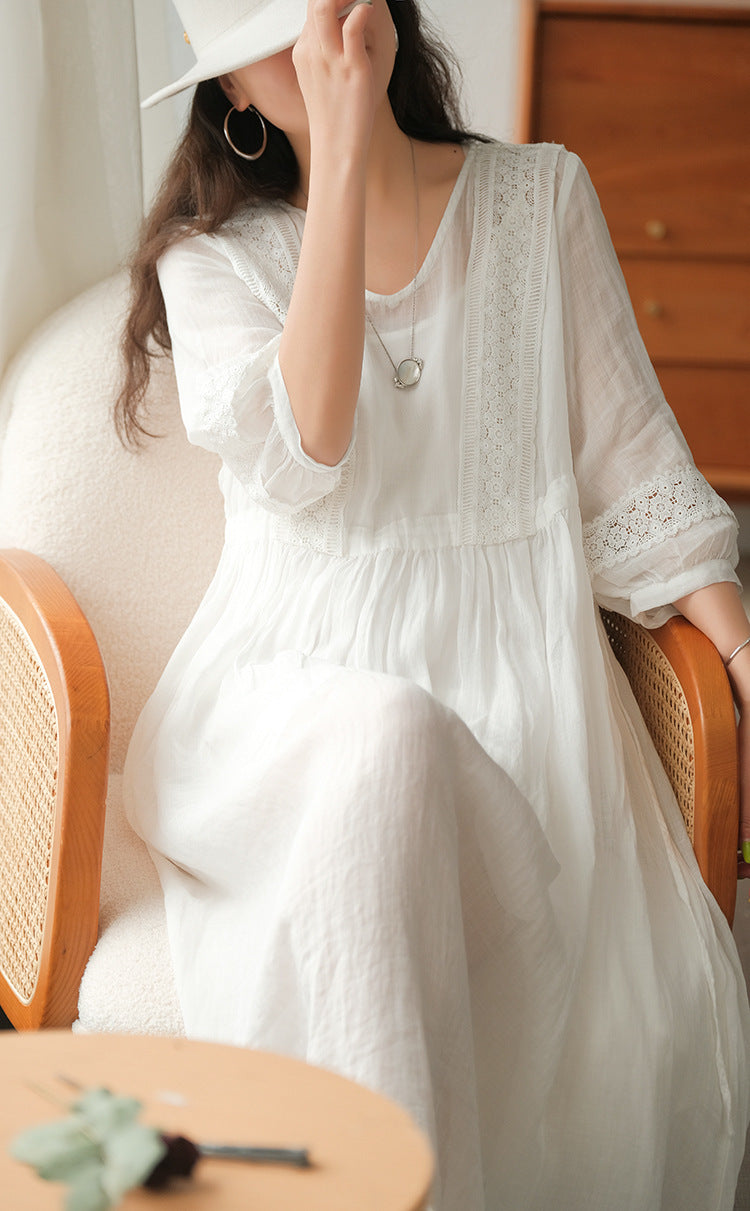Three-quarter Sleeve Artistic Style Lace-up Dress Long V-neck Comely
