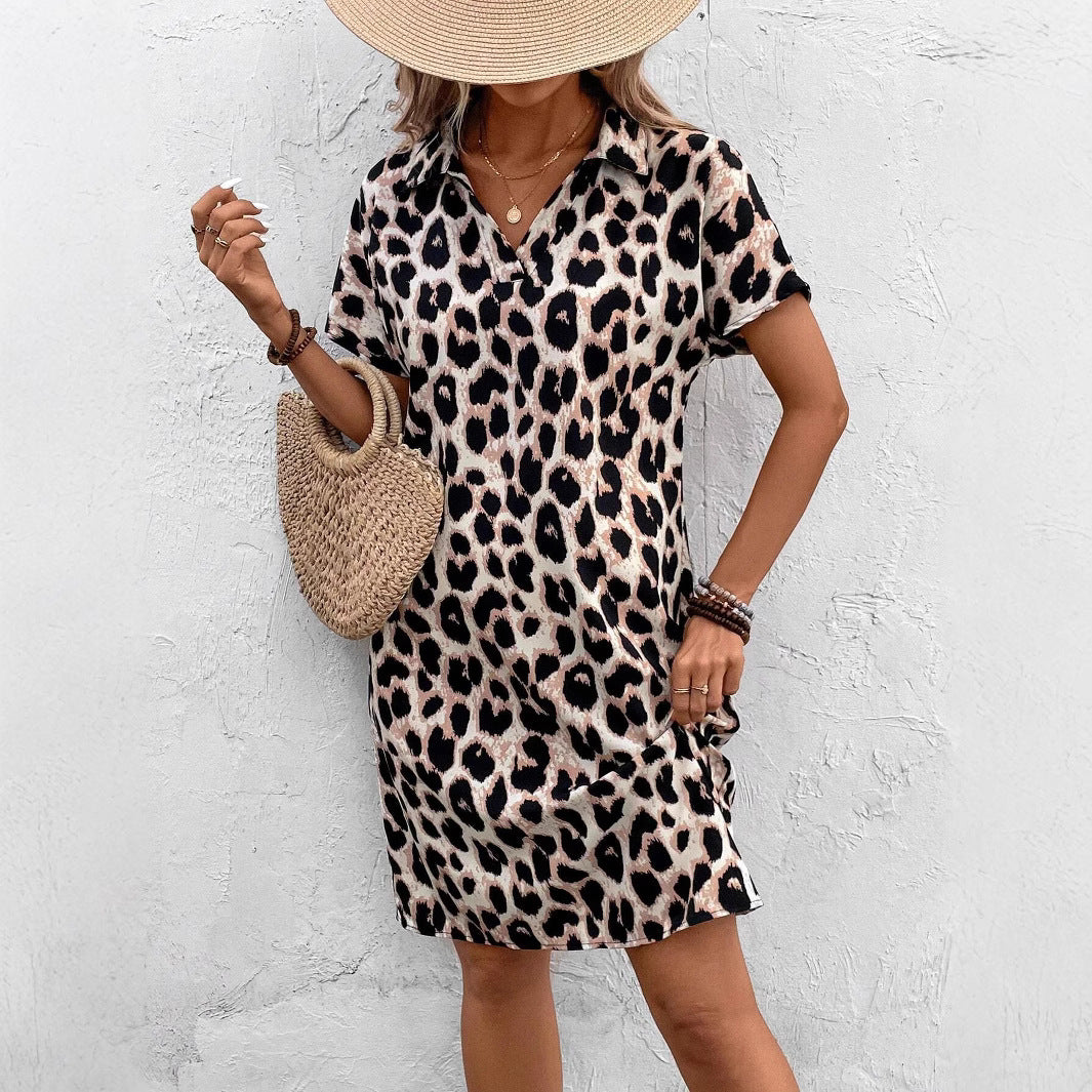 Leopard Print Casual Dolman Sleeve Mid Waist Dress Women's Clothing