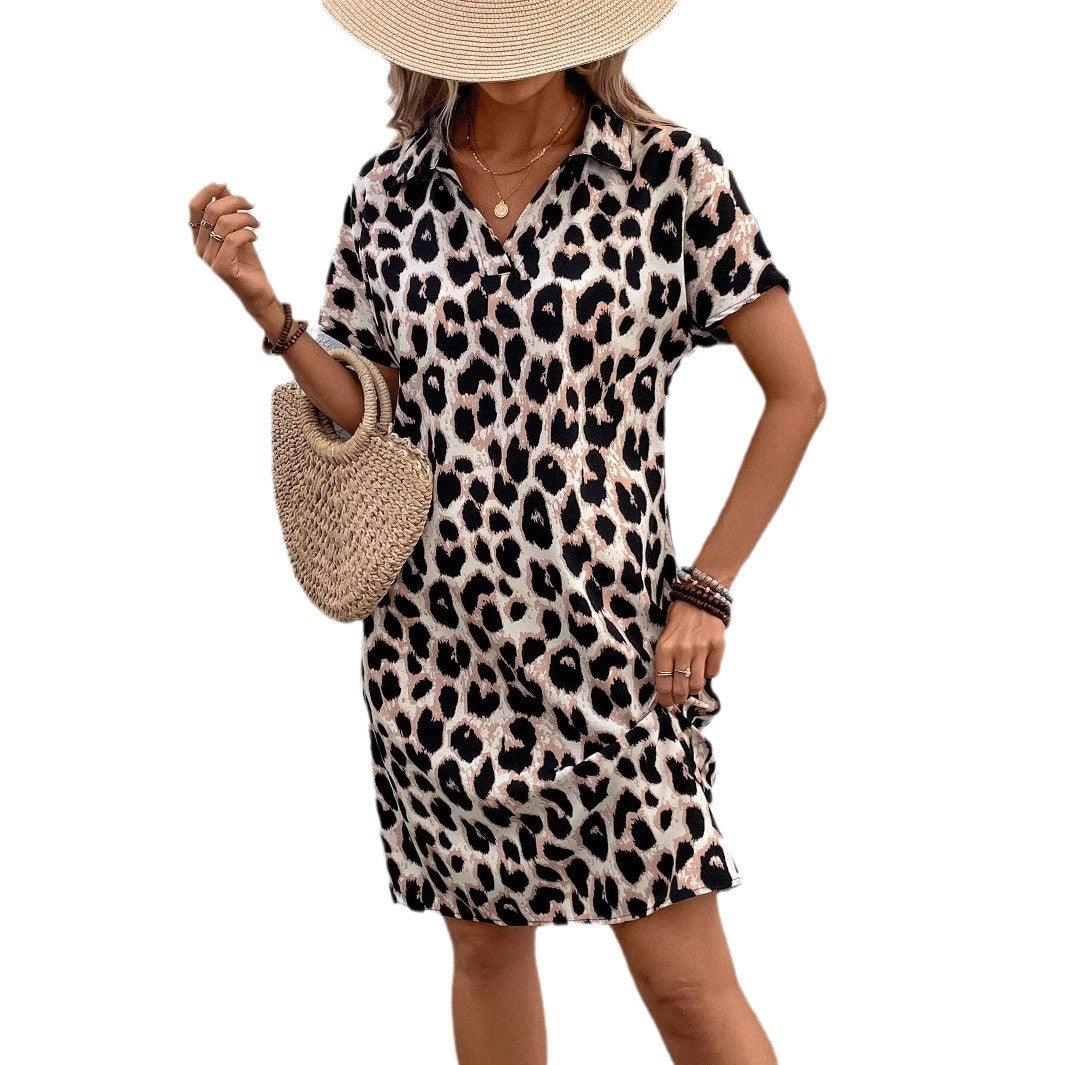Leopard Print Casual Dolman Sleeve Mid Waist Dress Women's Clothing