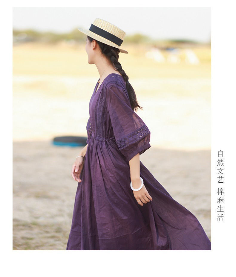 Three-quarter Sleeve Artistic Style Lace-up Dress Long V-neck Comely