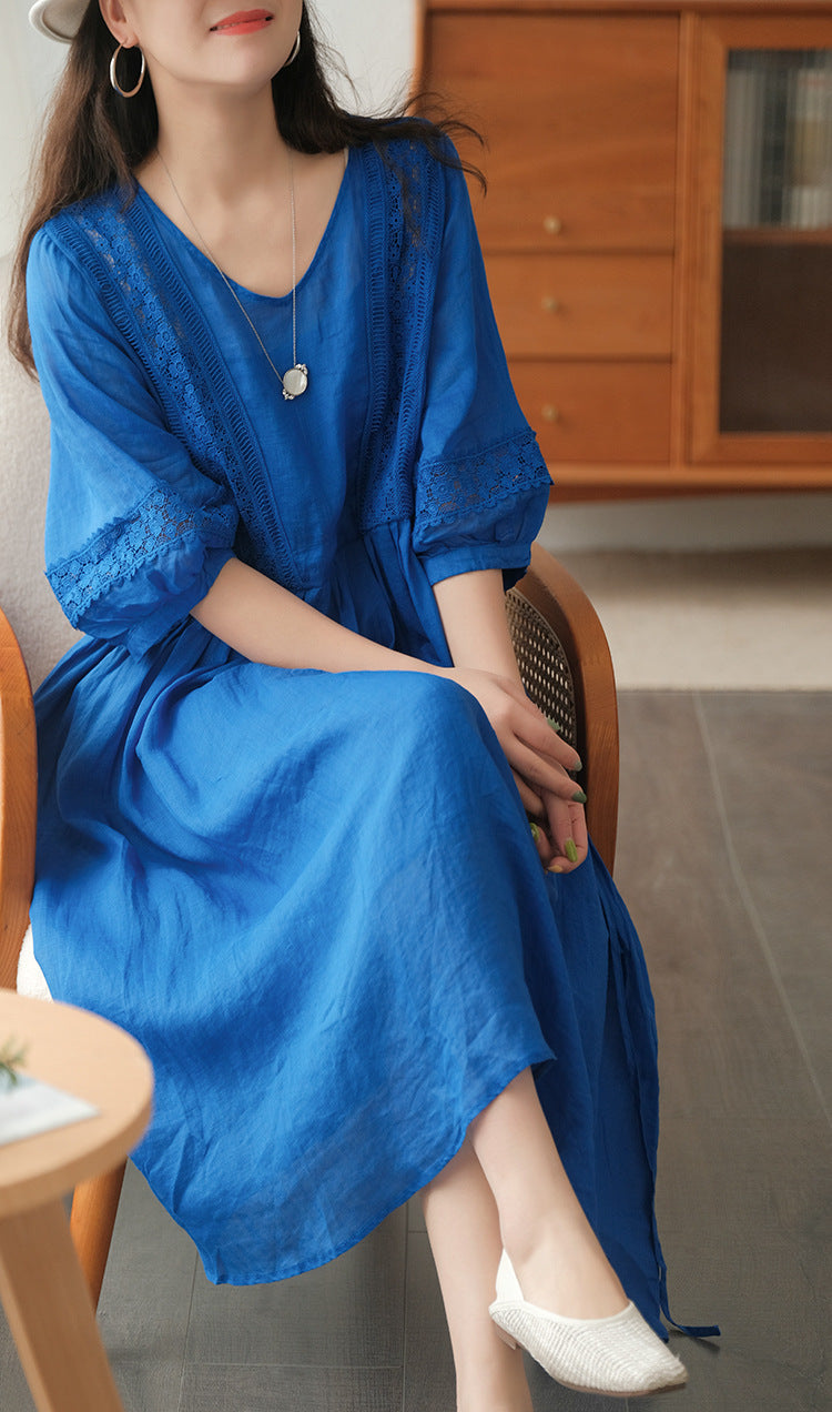 Three-quarter Sleeve Artistic Style Lace-up Dress Long V-neck Comely