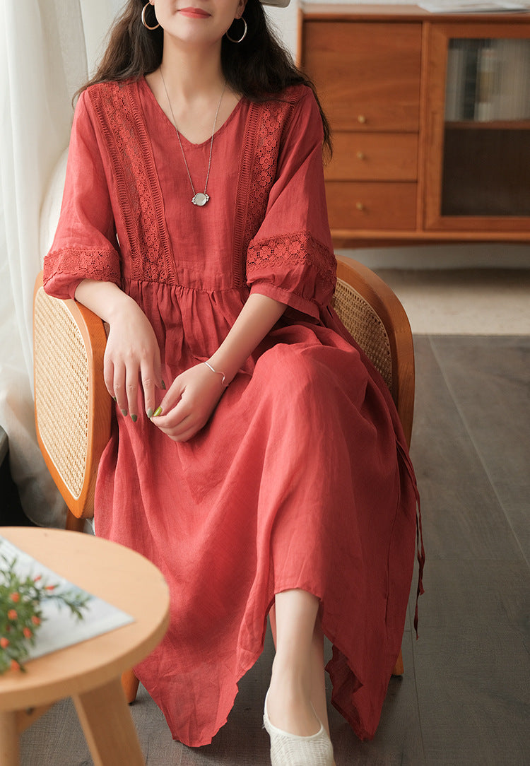 Three-quarter Sleeve Artistic Style Lace-up Dress Long V-neck Comely